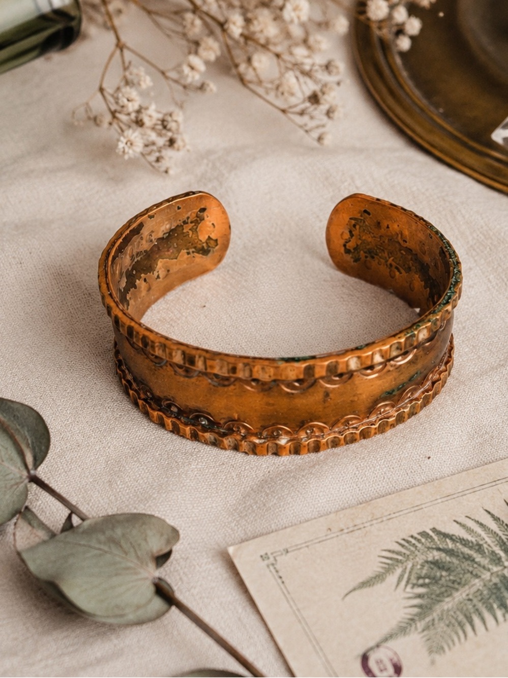 Vintage MCM Mid-Century Solid Copper Boho Stamped Cuff Bracelet
